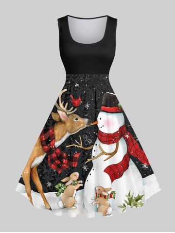 Plus Size Christmas Snowman Snowflake Elk Rabbit Bird Print 1950s Vintage Dress - BLACK - S