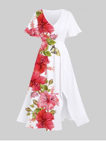 Robe Portable Mi-Longue Fendue Fleur D'Hibiscus et Papillon Imprimés de Grande Taille - WHITE - 6X