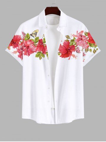 Plus Size Hibiscus Flower Butterfly Print Buttons Pocket Hawaii Shirt For Men - WHITE - S