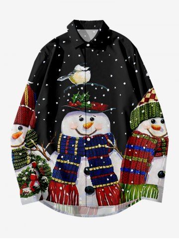 Plus Size Christmas Snowman Flower Wreath Snowflake Print Buttons Pocket Long Sleeve Shirt For Men - BLACK - 6XL