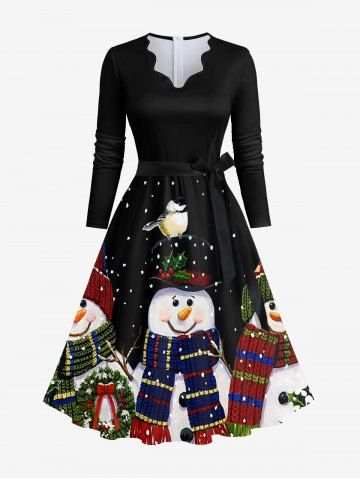 Plus Size Christmas Snowman Flower Wreath Snowflake Print A Line Dress With A Belt - BLACK - 7XL