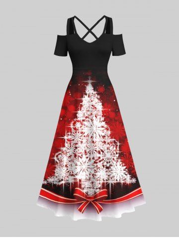 Plus Size Glitter Sparkling Christmas Tree Ombre Snowflake Bowknot Print Crisscross A Line Maxi Dress - DEEP RED - XS