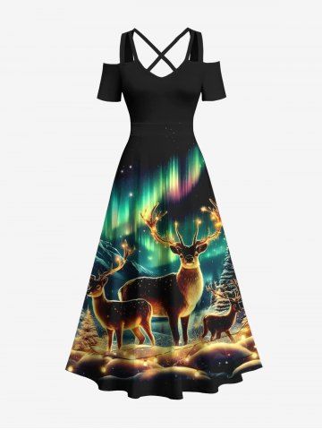 Plus Size Glitter Christmas Light Elk Aurora Light Beam Print Crisscross A Line Maxi Dress - BLACK - XS