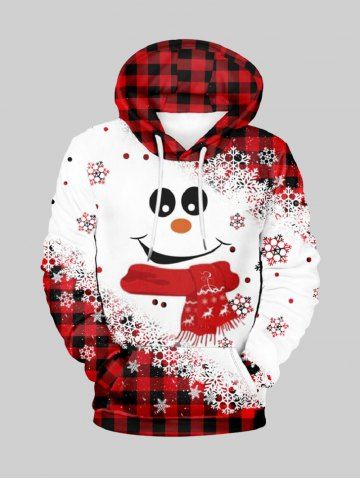 Sweat à Capuche Imprimé Carreaux Bonhomme de Neige et Flocon de Neige de Noël avec Poche Grande Taille à Manches Longues pour Homme - RED - 7XL