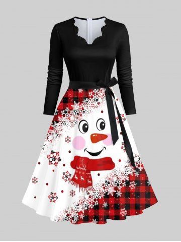 Plus Size Snowflake Snowman Plaid Print Christmas Lettuce A Line Dress with Tied Belt - MULTI-A - 2XL