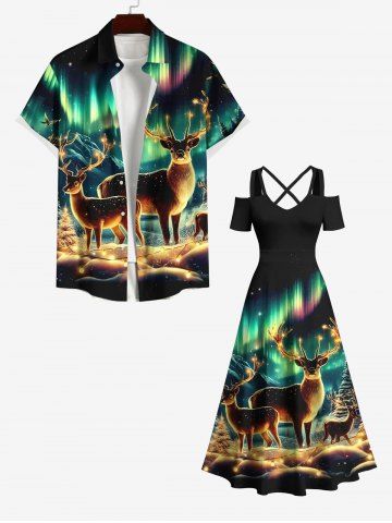 Glitter Christmas Light Elk Aurora Light Beam Print Plus Size Matching Set For Couples - BLACK