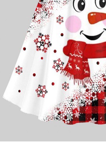 Plus Size Snowflake Snowman Plaid Print Christmas Lettuce A Line Dress with Tied Belt