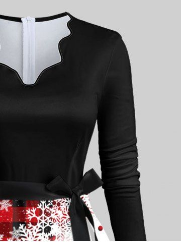 Plus Size Snowflake Snowman Plaid Print Christmas Lettuce A Line Dress with Tied Belt