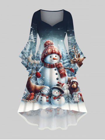 Plus Size Christmas Tree Snowman Elk Bird Ombre Print Flare Sleeve Ruched High Low Dress - MULTI-A - XS