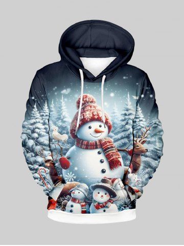 Plus Size Christmas Tree Snowman Elk Bird Ombre Print Pocket Drawstring Hoodie For Men - BLACK - 6XL