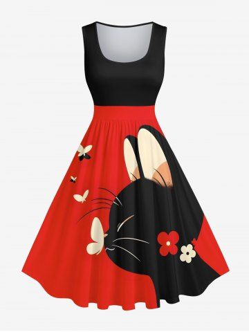 Plus Size Cat Floral Butterfly Print Vintage Swing A Line Dress - RED - XS