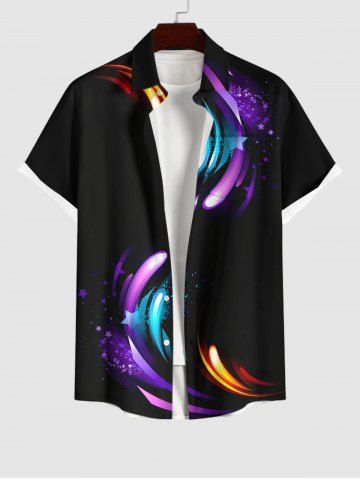 Plus Size Glitter Light Beam Meteor Stars Print Hawaii Buttons Pocket Shirt For Men - BLACK - S