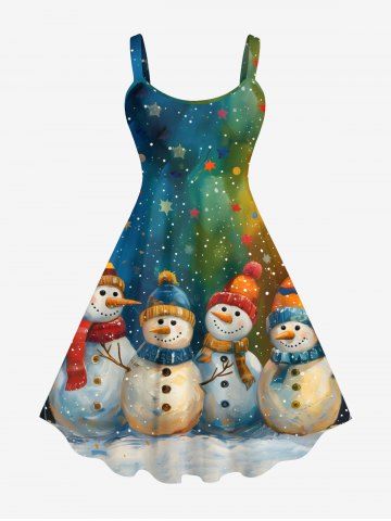 Robe de Noël Ligne A Ombrée Galaxie Bonhomme de Neige et Galaxie Imprimés de Grande Taille - MULTI-A - L