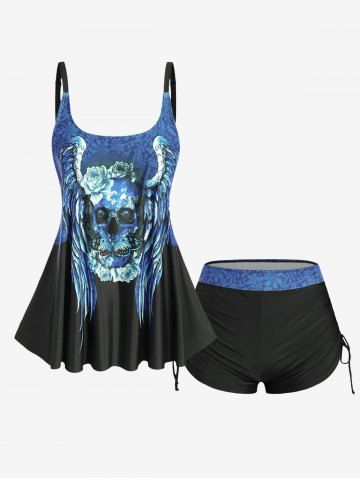 Plus Size Skull Rose Wing Print Cinched Boyshorts Tankini Swimsuit - BLUE - 1X | US 14-16