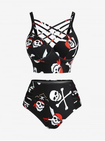 Plus Size Halloween Costume Skulls Skeleton Pirate Print Lattice Crisscross Tankini Swimsuit - BLACK - L | US 12
