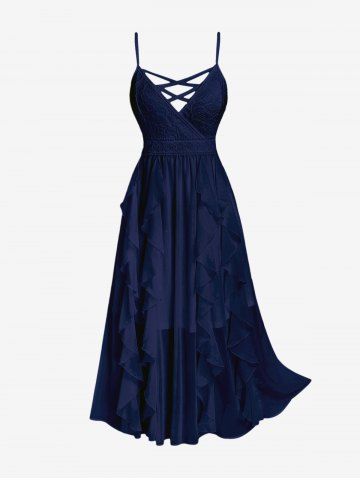 Plus Size Lace and Chiffon Ruffled Crisscross Maxi Sleeveless Wedding Dress - DEEP BLUE - 1X | US 14-16