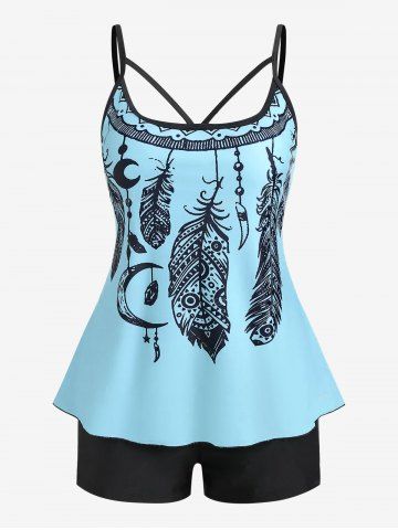 Plus Size Dreamcatcher Print Modest Tankini Swimsuit - BLUE - 3X