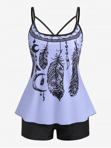 Plus Size Dreamcatcher Print Modest Tankini Swimsuit - LIGHT PURPLE - 3X