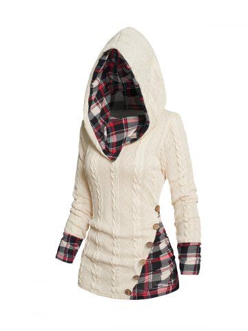 Twisted Cable Knit Plaid Print Ruched Hooded Sweater - LIGHT COFFEE - M