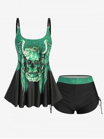 Plus Size Skull Rose Wing Print Cinched Boyshorts Tankini Swimsuit - GREEN - M | US 10