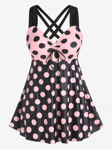 Plus Size & Curve Cinched Polka Dot Crisscross Tankini Swimsuit - LIGHT PINK - 2X