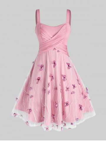 Robe grande taille en dentelle papillon croisée froncée dos nu - LIGHT PINK - 5X | US 30-32
