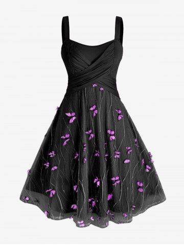 Robe grande taille en dentelle papillon croisée froncée dos nu - BLACK - L | US 12