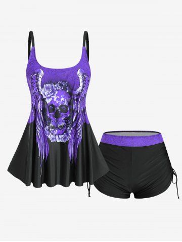 Maillot de bain tankini grande taille à imprimé tête de mort et ailes de rose, shorty resserré - PURPLE - M | US 10
