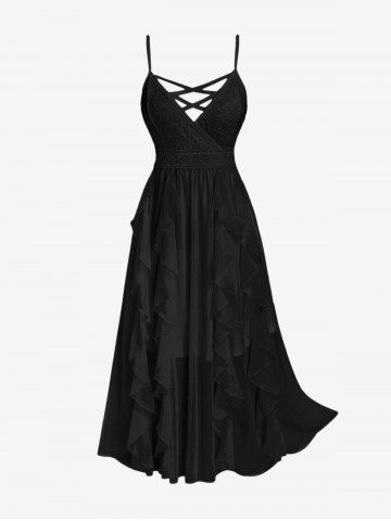 Plus Size Lace and Chiffon Ruffled Crisscross Maxi Sleeveless Wedding Dress - BLACK - L | US 12
