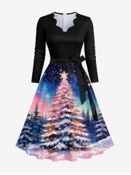 Plus Size Christmas Tree Galaxy Star Glitter Light Beam 3D Print A Line Dress with Tied Belt -  