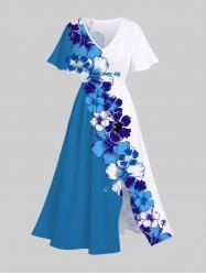 Plus Size Colorblock Tripical Hibiscus Flower Print Split Hawaii Midi Dress -  