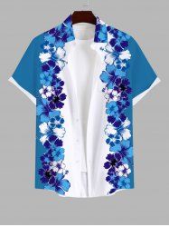Plus Size Colorblock Tripical Hibiscus Flower Print Buttons Pocket Hawaii Shirt For Men -  