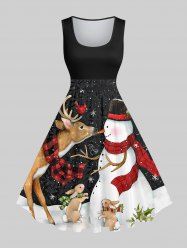 Plus Size Christmas Snowman Snowflake Elk Rabbit Bird Print 1950s Vintage Dress -  