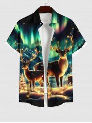 Plus Size Glitter Christmas Light Elk Aurora Light Beam Print Button Pocket Shirt For Men -  
