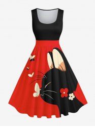 Plus Size Cat Floral Butterfly Print Vintage Swing A Line Dress -  