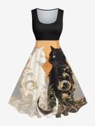 Plus Size Two Tone Cats Sea Waves Print Vintage Swing A Line Dress -  
