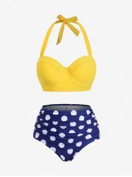 Plus Size Halter Polka Dot Print Ruched Tankini Swimsuit -  
