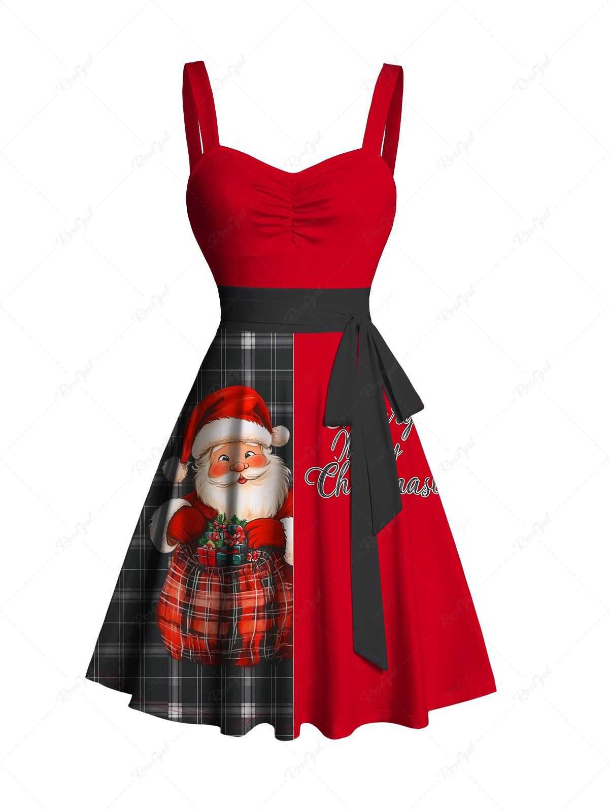 Outfit Christmas Plaid Santa Claus Letter Half And Half Print Belted Mini Dress  