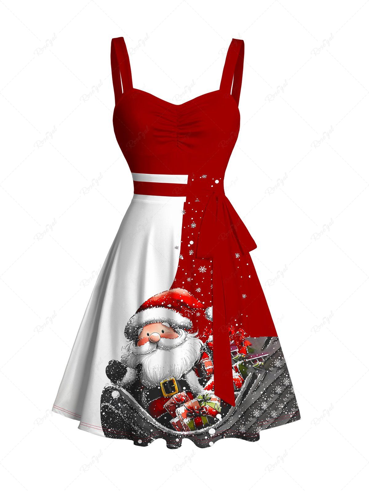 Affordable Contrast Color Santa Claus Snowflake Print Belted Christmas Dress  