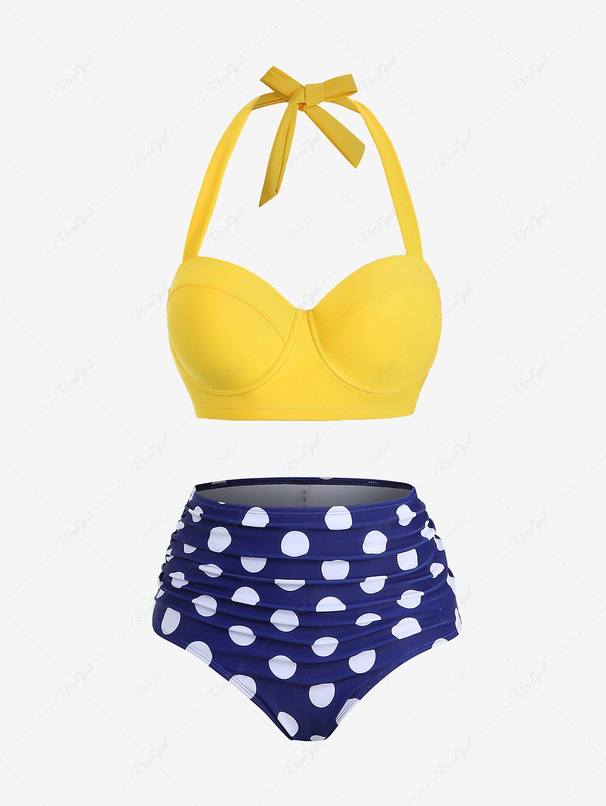 Cheap Plus Size Halter Polka Dot Print Ruched Tankini Swimsuit  
