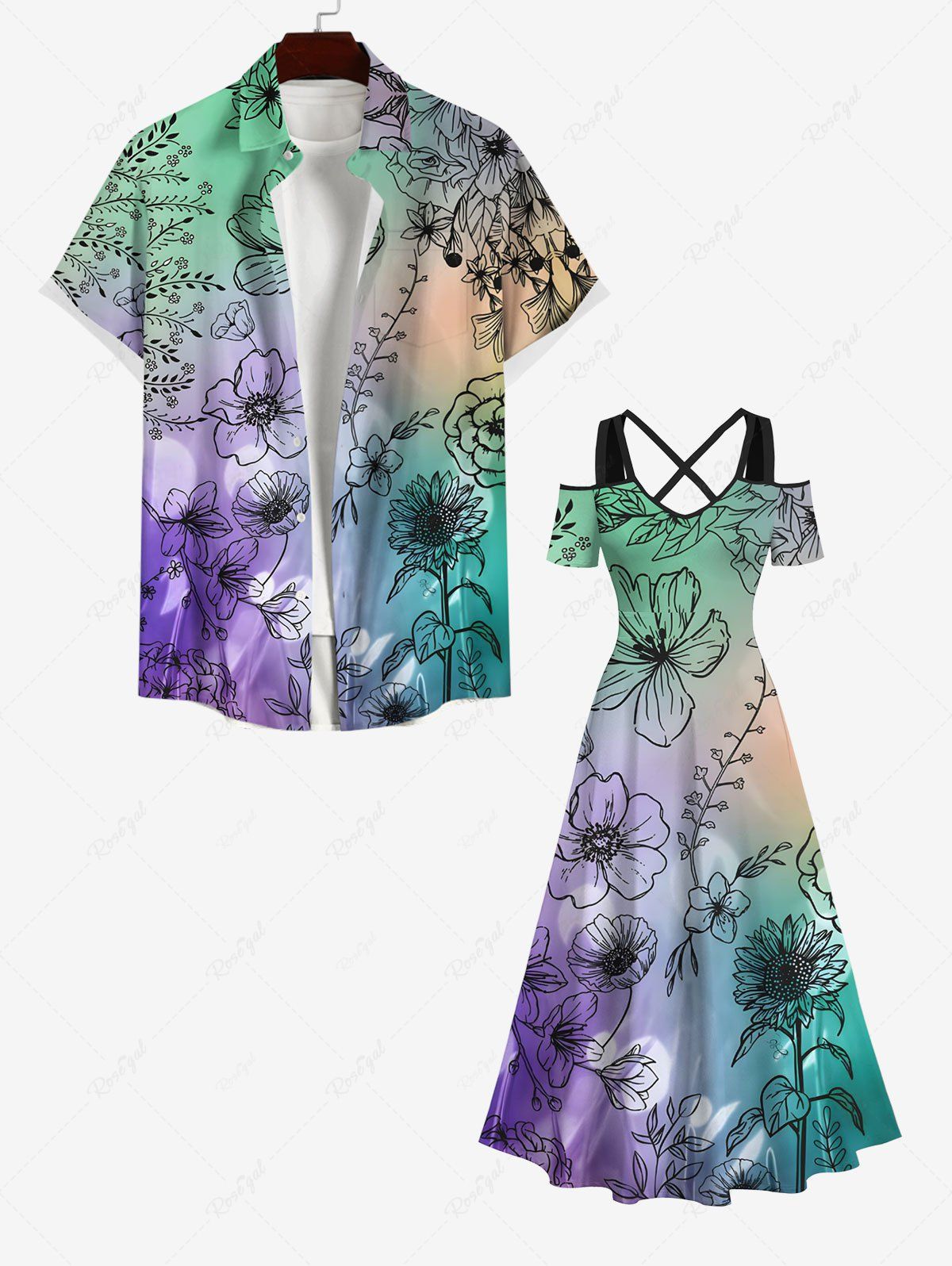 Floral Branch Vine Print Plus Size Matching Hawaii Beach Outfit For