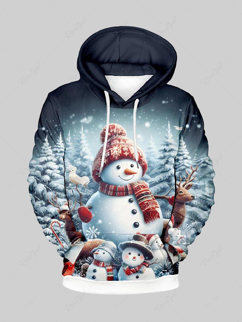 Online Plus Size Christmas Tree Snowman Elk Bird Ombre Print Pocket Drawstring Hoodie For Men  