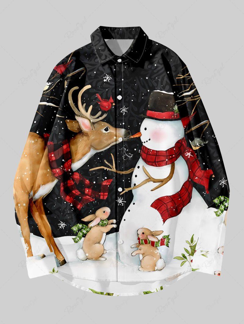 Discount Plus Size Christmas Snowman Snowflake Elk Rabbit Bird Colorblock Print Buttons Long Sleeve Shirt For Men  