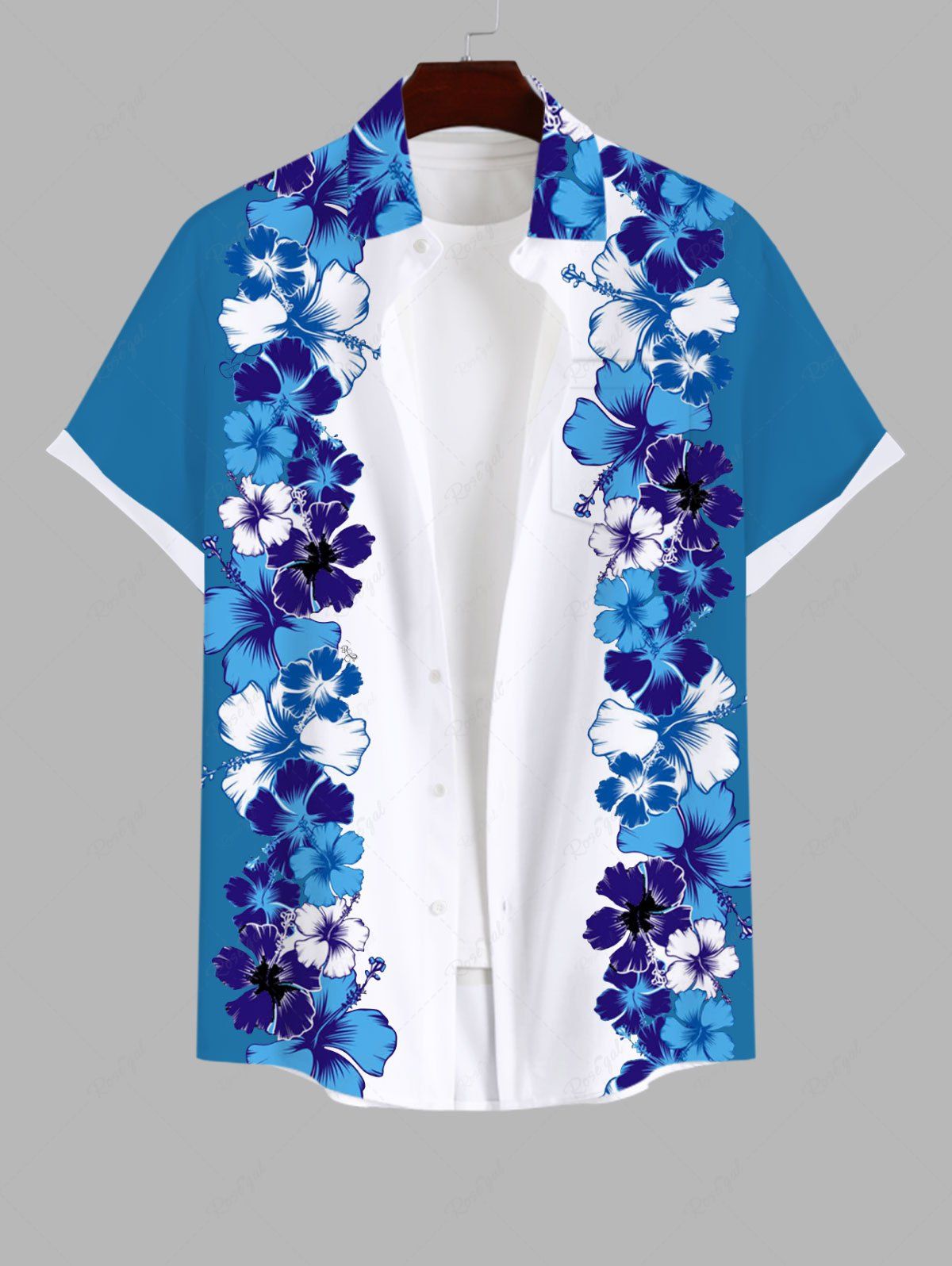Hot Plus Size Colorblock Tripical Hibiscus Flower Print Buttons Pocket Hawaii Shirt For Men  