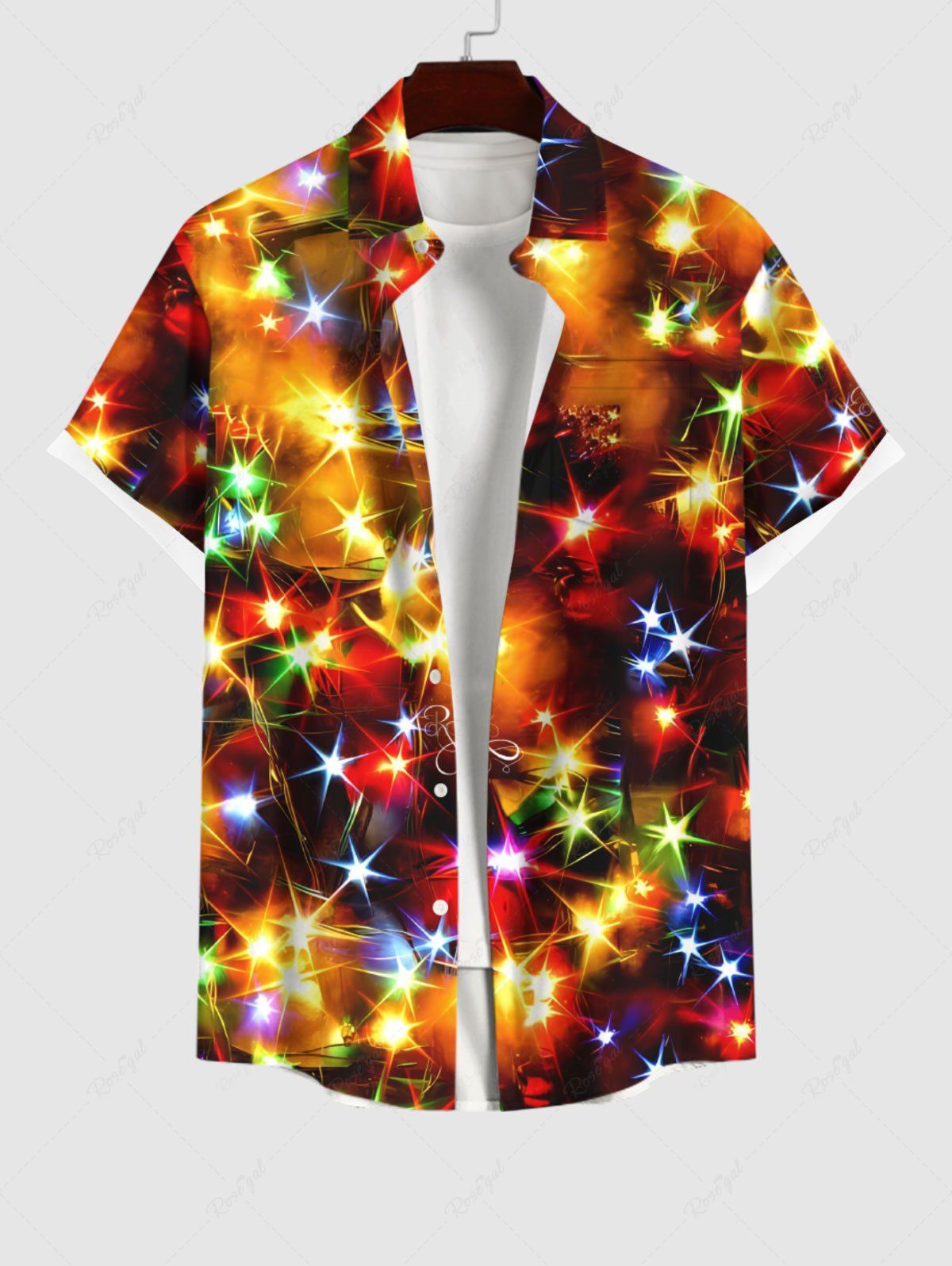 Fancy Plus Size Christmas Star Colorful Light Glitter Light Beam 3D Print Buttons Pocket Shirt For Men  