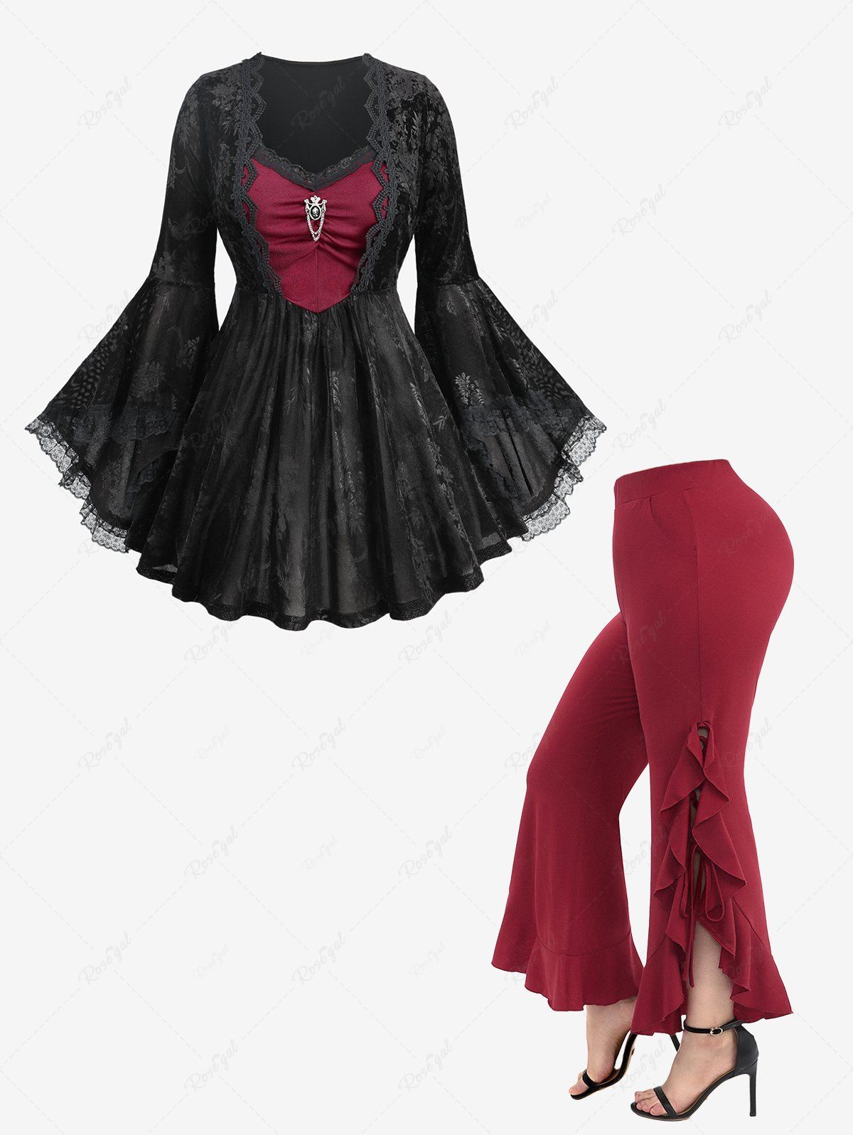 Tenue en 1 Pièce à Volants et Poches en Velours de Couleur Unie Grande Taille Noir 
