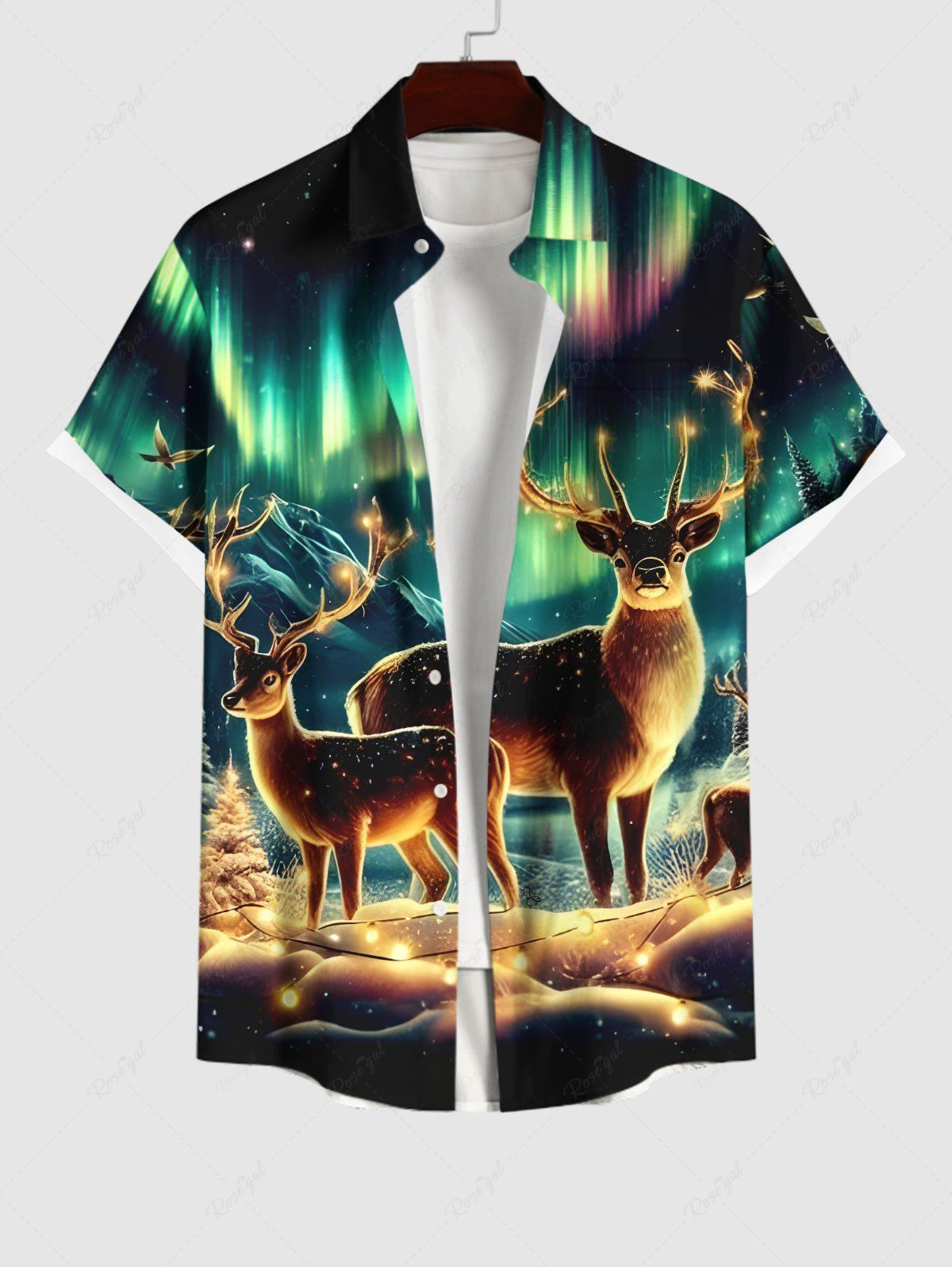 Chemise avec Boutons et Poche Kangourou à Imprimé Aurore Boréale de Noël Grande-Taille pour Hommes Noir 3XL