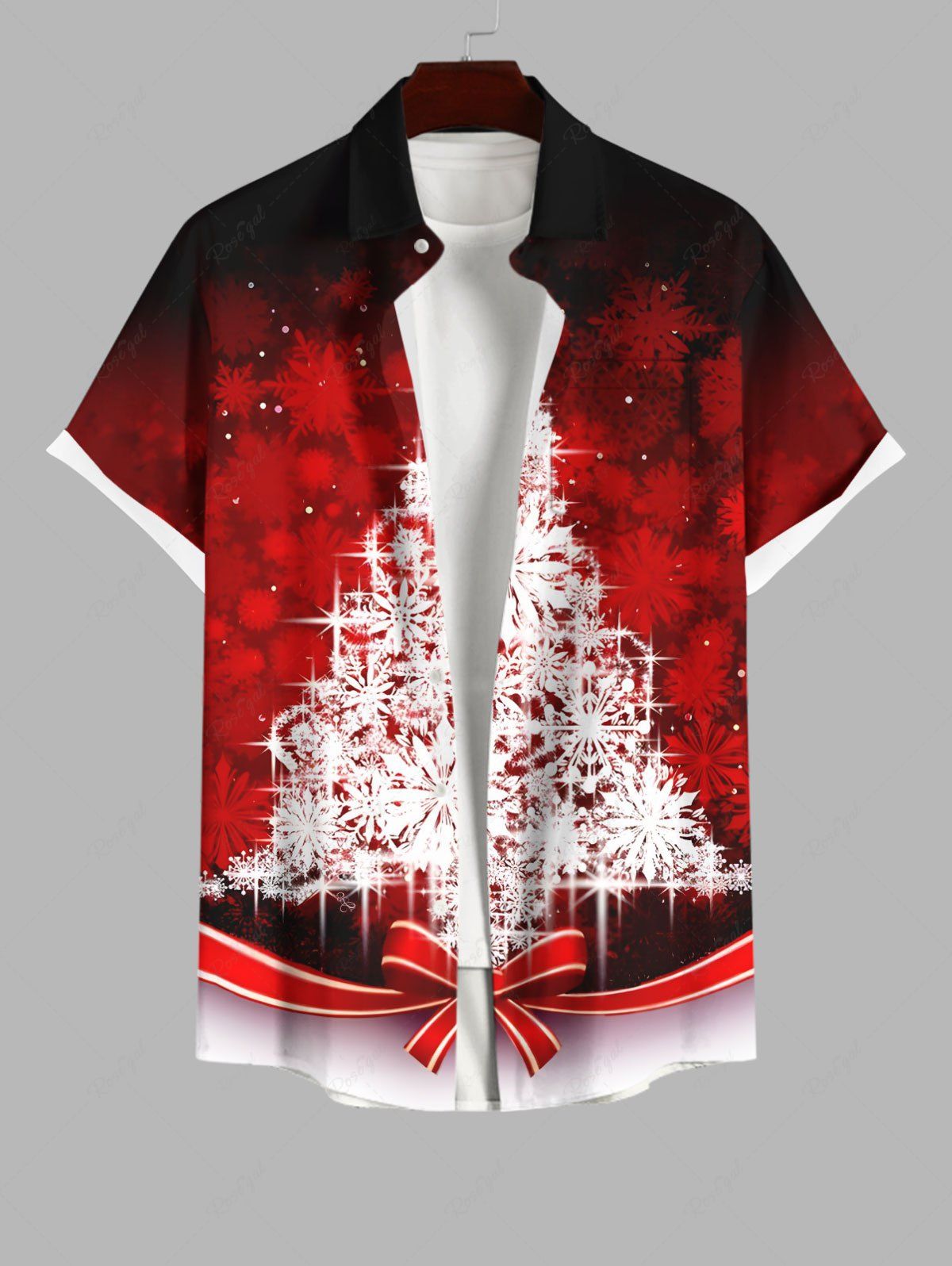 Chemise à Boutons avec Poche Kangourou Brillant en Forme de Sapin de Noël et Flocons de Neige Grande Taille pour Hommes Rouge 2XL
