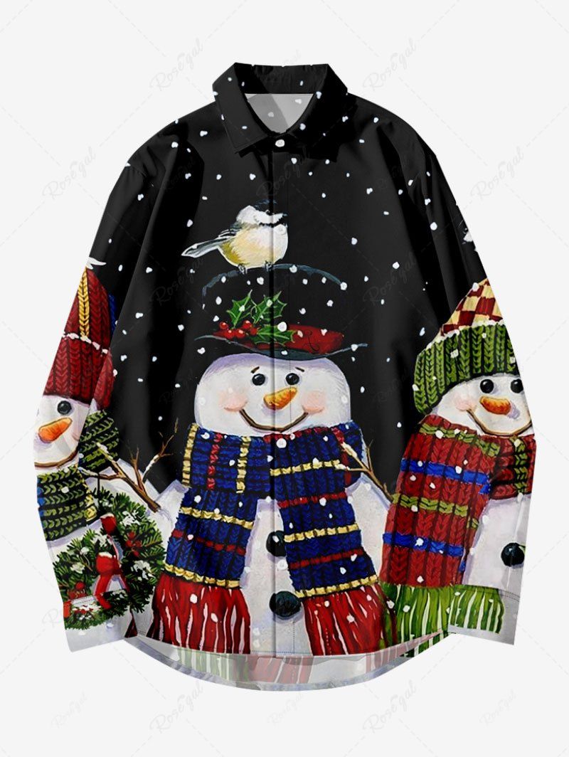 Online Plus Size Christmas Snowman Flower Wreath Snowflake Print Buttons Pocket Long Sleeve Shirt For Men  