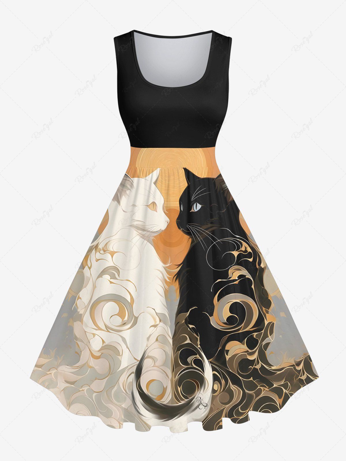Fancy Plus Size Two Tone Cats Sea Waves Print Vintage Swing A Line Dress  